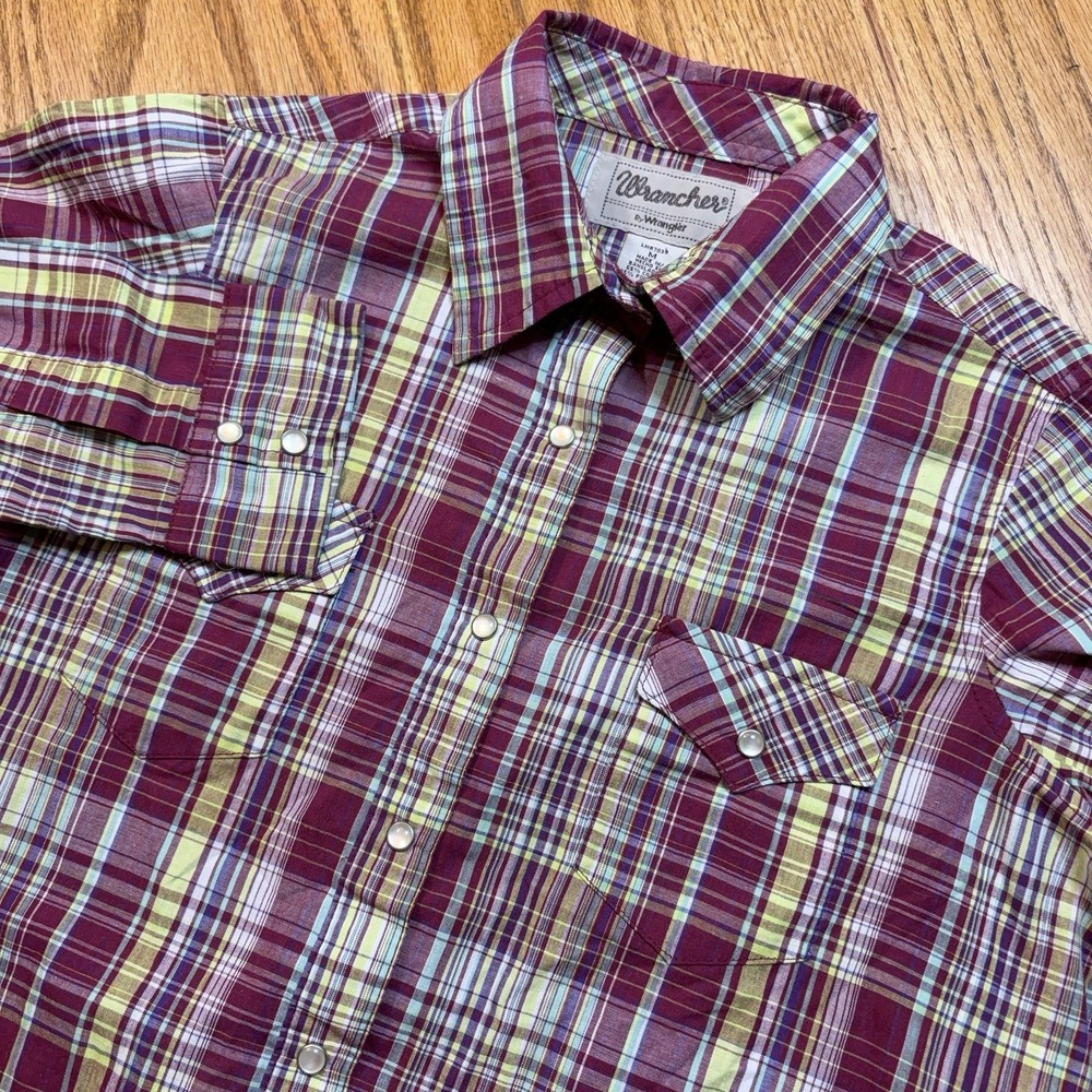 Wrangler Wrancher Pearl Snap Shirt Womens Medium Blue Yellow Plaid‎ Cowgirl